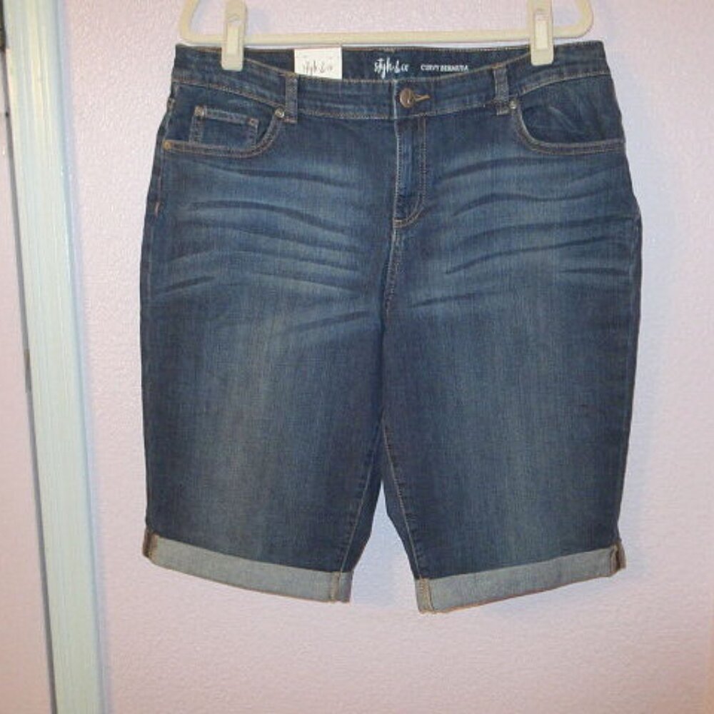 Style & Co Curvy Denim Bermuda Shorts Women 14 Stretch High Rise Modest Dark NWT